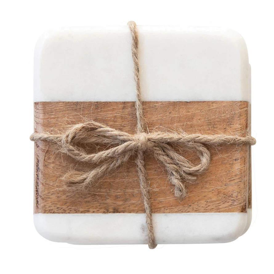 Square Marble and Acacia Wood Coasters S/4