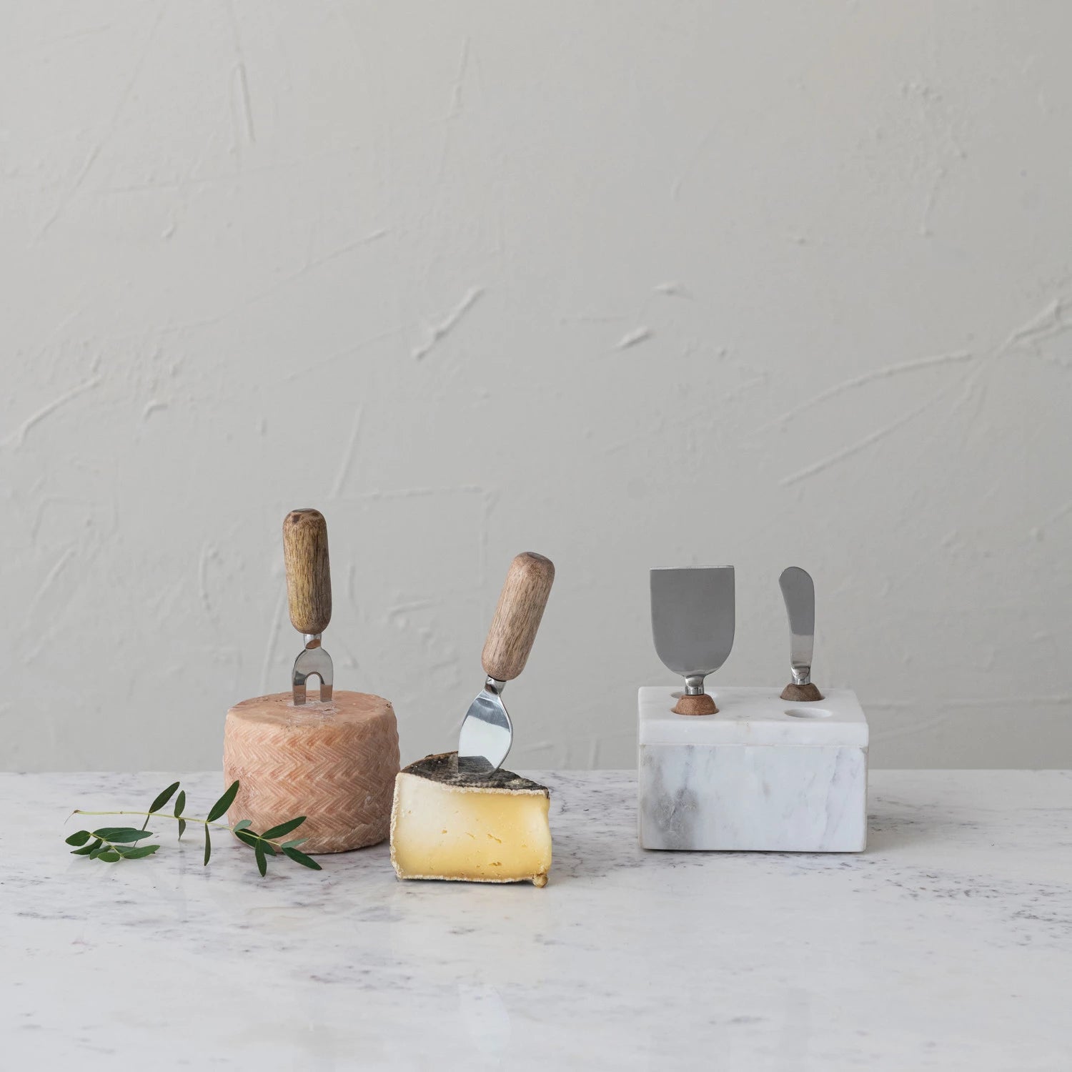 Wood & Steel Cheese Knives with Marble Holder