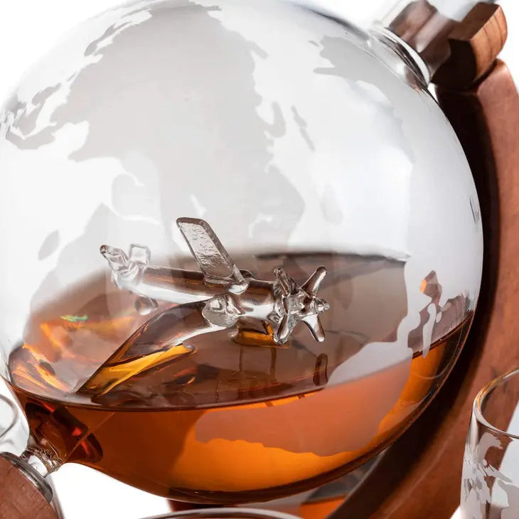 Globe Decanter w/ Airplane & 4 Glasses