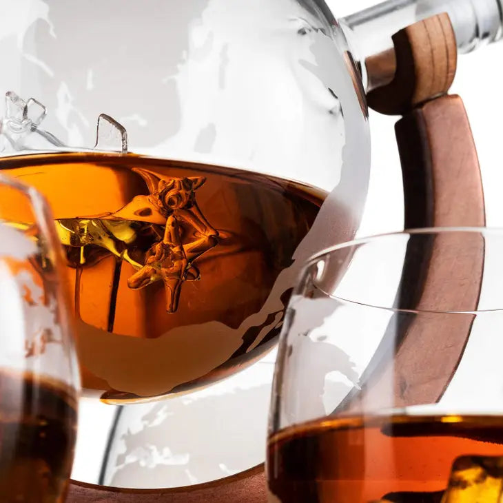 Globe Decanter w/ Airplane & 4 Glasses