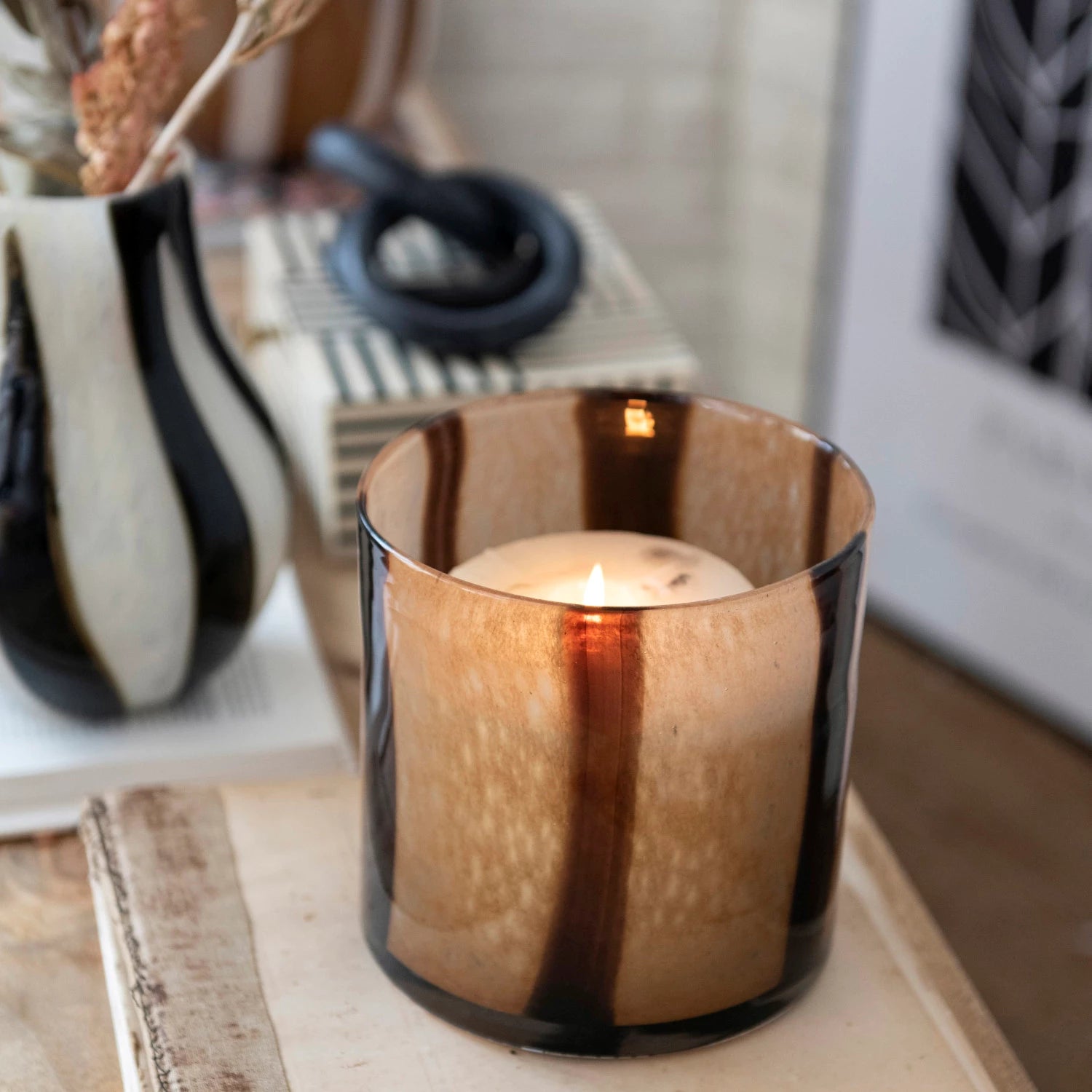 Brown Glass Candle Holder/Vase w/ Stripes*