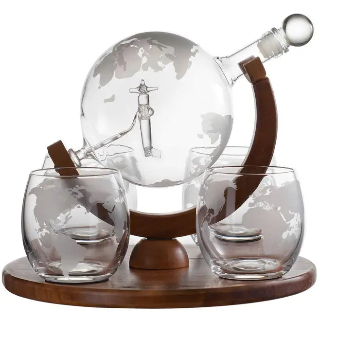 Globe Decanter w/ Airplane & 4 Glasses