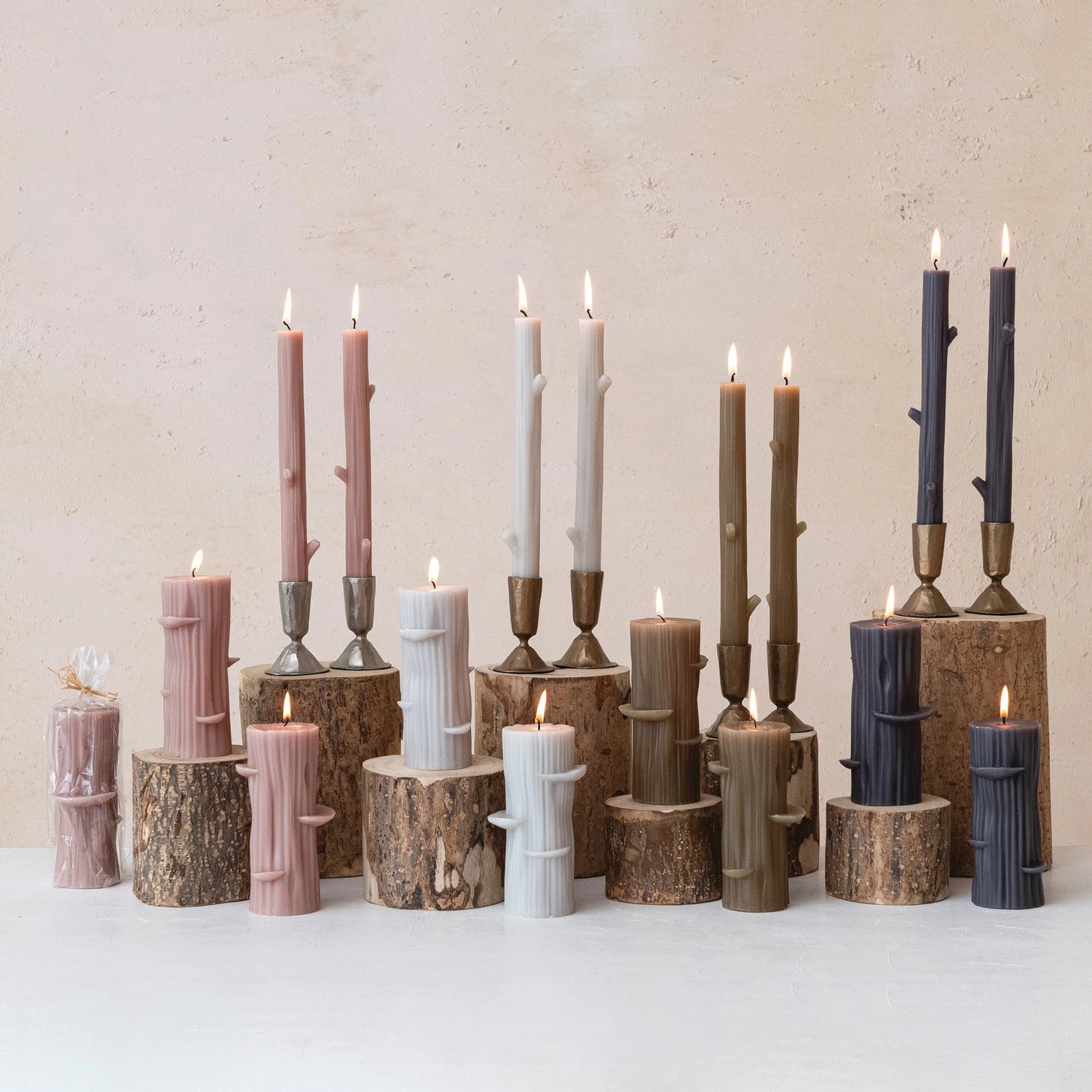 Unscented Grey Twig Shaped Taper Candles Set of 2