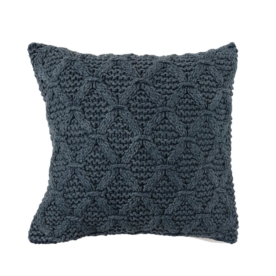 Blue Woven Cotton Cable Knit Pillow w/ Pattern