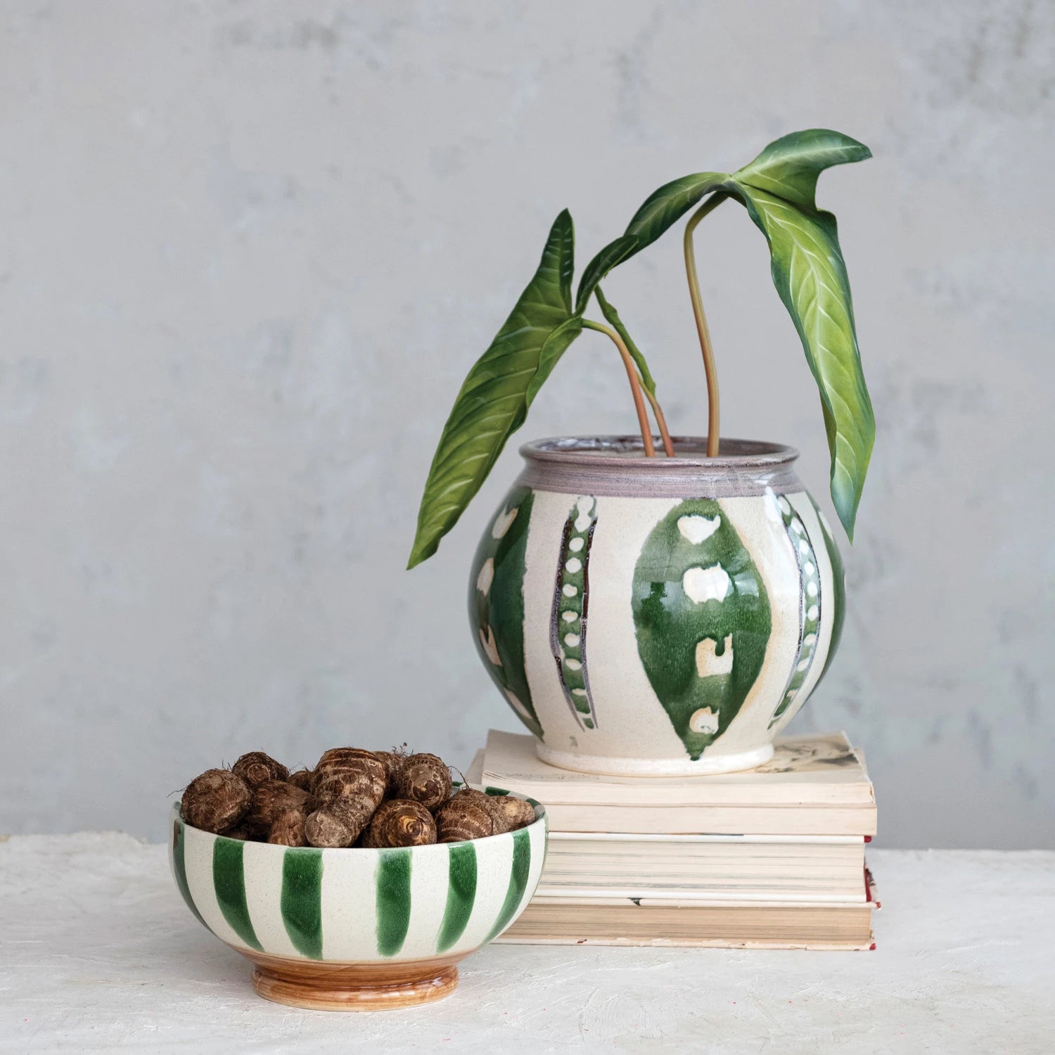 Green & Cream Striped Stoneware Footed Bowl