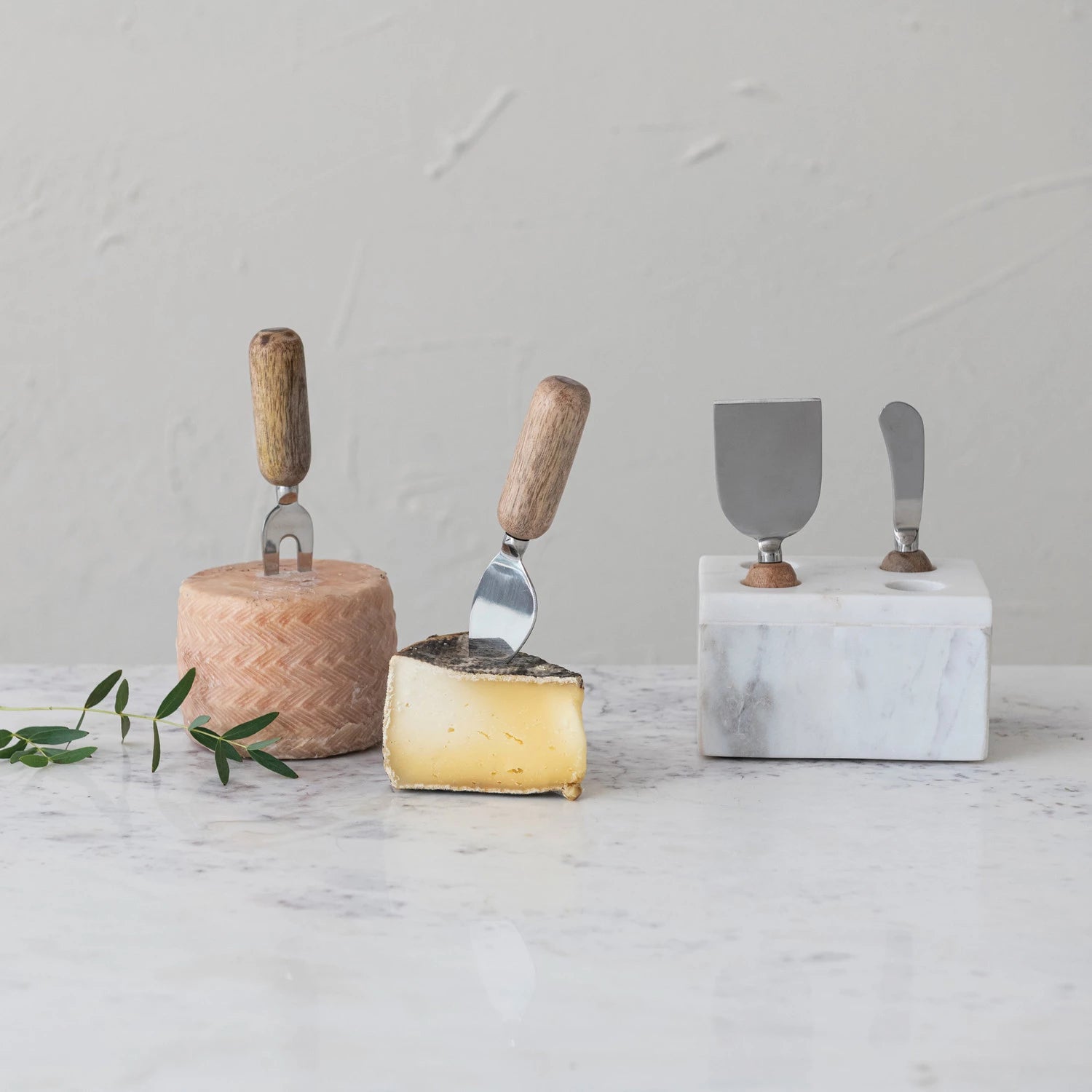 Wood & Steel Cheese Knives with Marble Holder